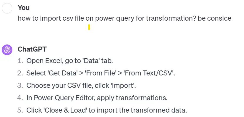 how to import csv file on power query for transformation? be consice