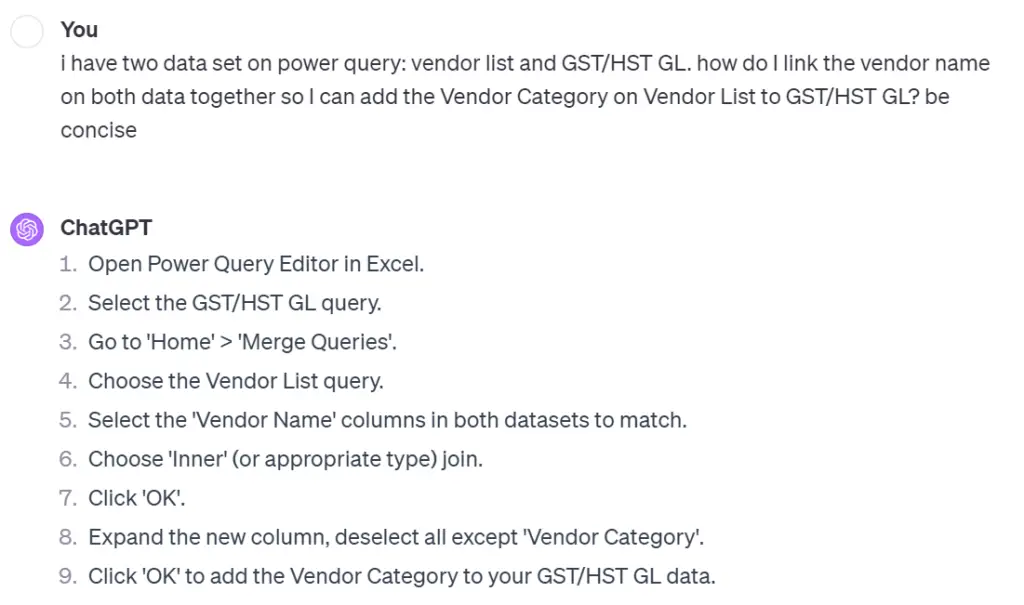 how do I link the vendor name on both data together so I can add the Vendor Category on Vendor List to GST/HST GL?