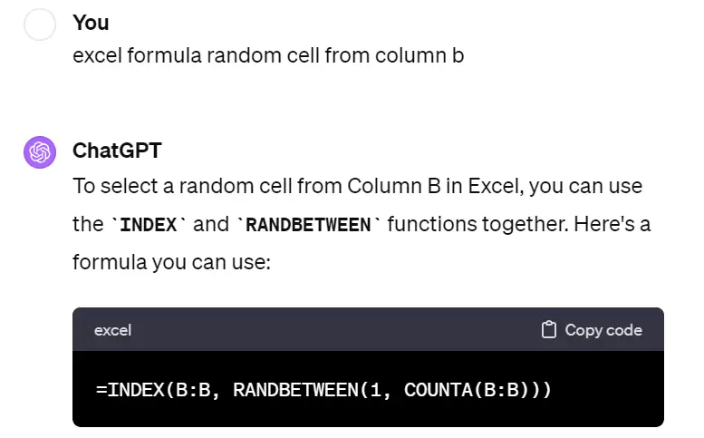 Excel formula to pick a random cell from column B on ChatGPT
